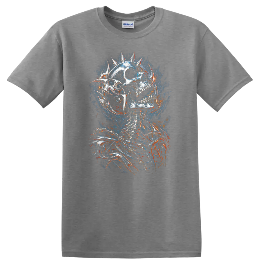 Spiked skeleton skull in distressed gothic horror art with smoky fiery accents on a Sport Grey T Shirt