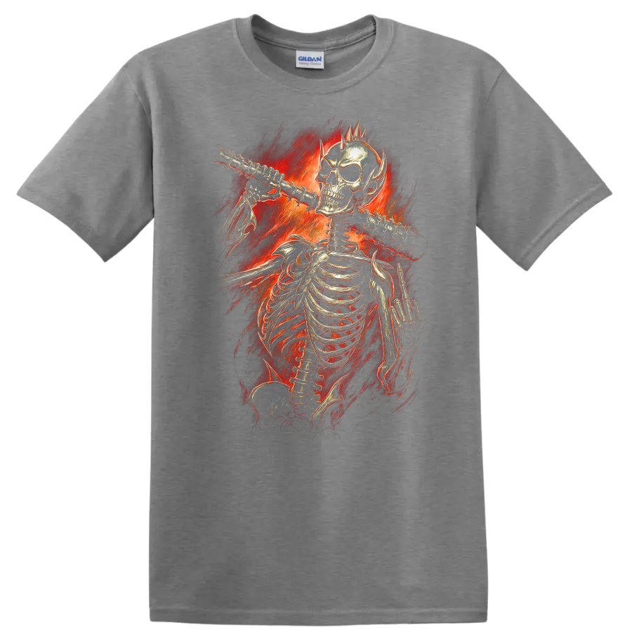 Vintage gothic skeleton playing flute amid fiery red flames on a Sport Grey T Shirt