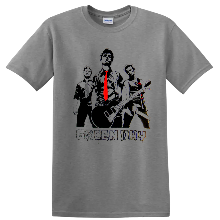 Green Day rock band graphic print T shirt with three stylized figures and red - Sport Grey