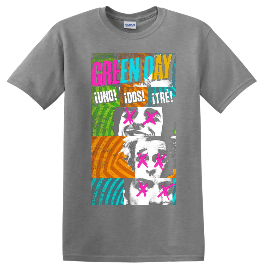 Green Day graphic print T shirt with neon punk rock portrait - Sport Grey
