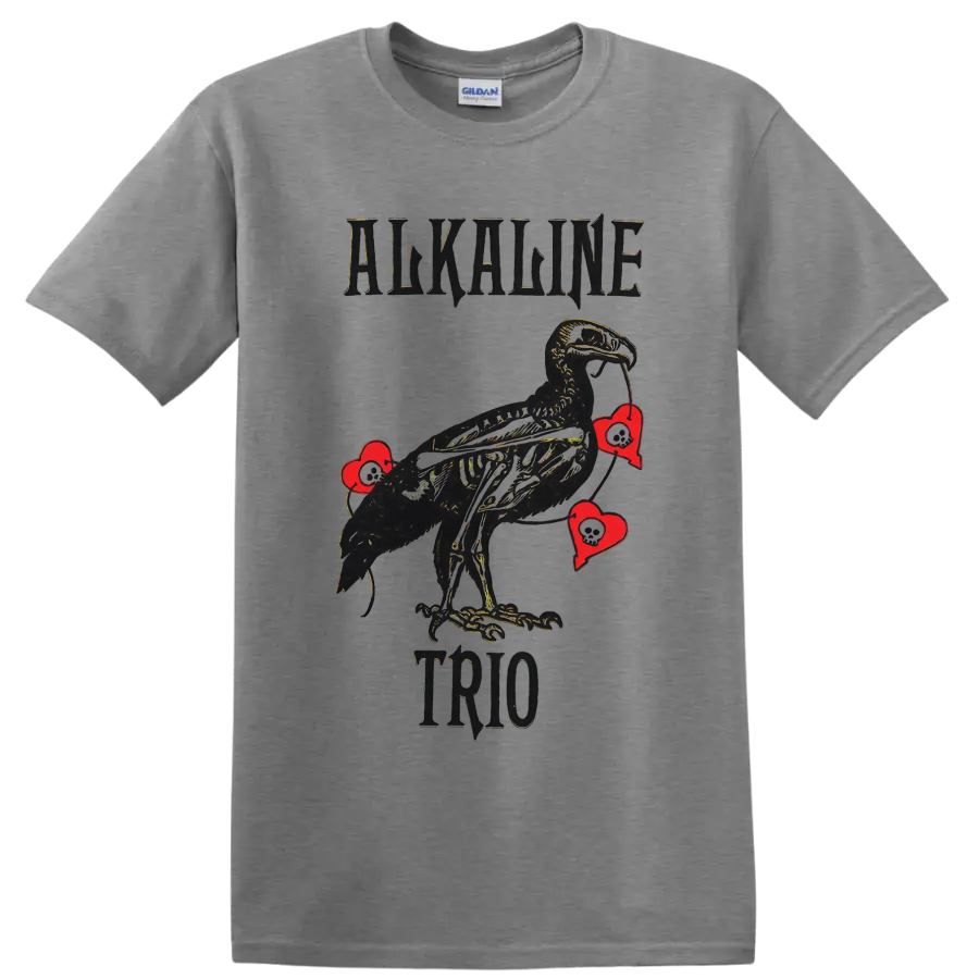 Alkaline Trio punk rock raven with red hearts graphic print on a Sport Grey T Shirt
