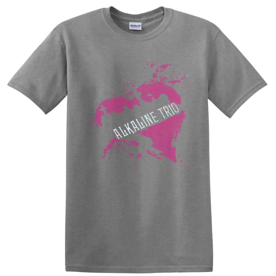 Alkaline Trio punk rock graphic with pink paint splash and distressed lettering on a Sport Grey T Shirt