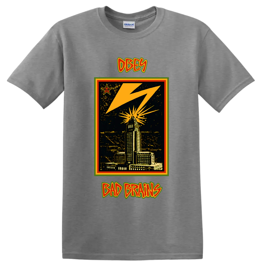 Bad Brains OBEY lightning city skyline punk rock graphic on a Sport Grey T Shirt