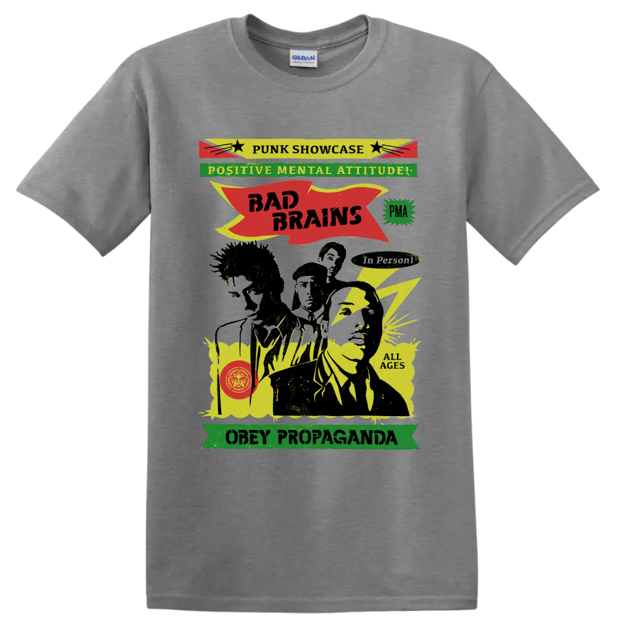 Bad Brains punk rock graphic with Positive Mental Attitude lettering on a Sport Grey T Shirt