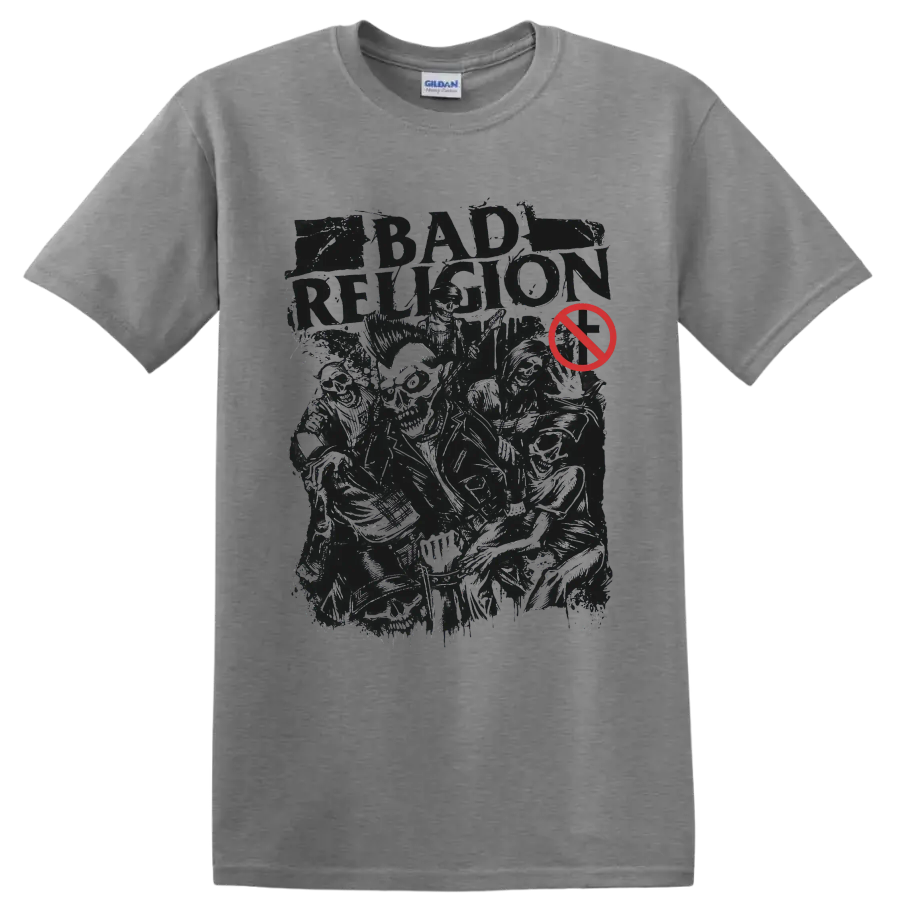 Bad Religion distressed punk rock graphic with red prohibition symbol on a Sport Grey T Shirt