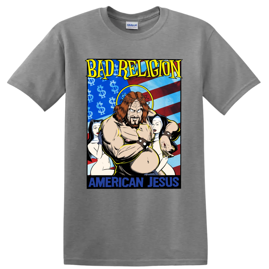 Bad Religion American Jesus comic-style punk rock graphic print on a Sport Grey T Shirt