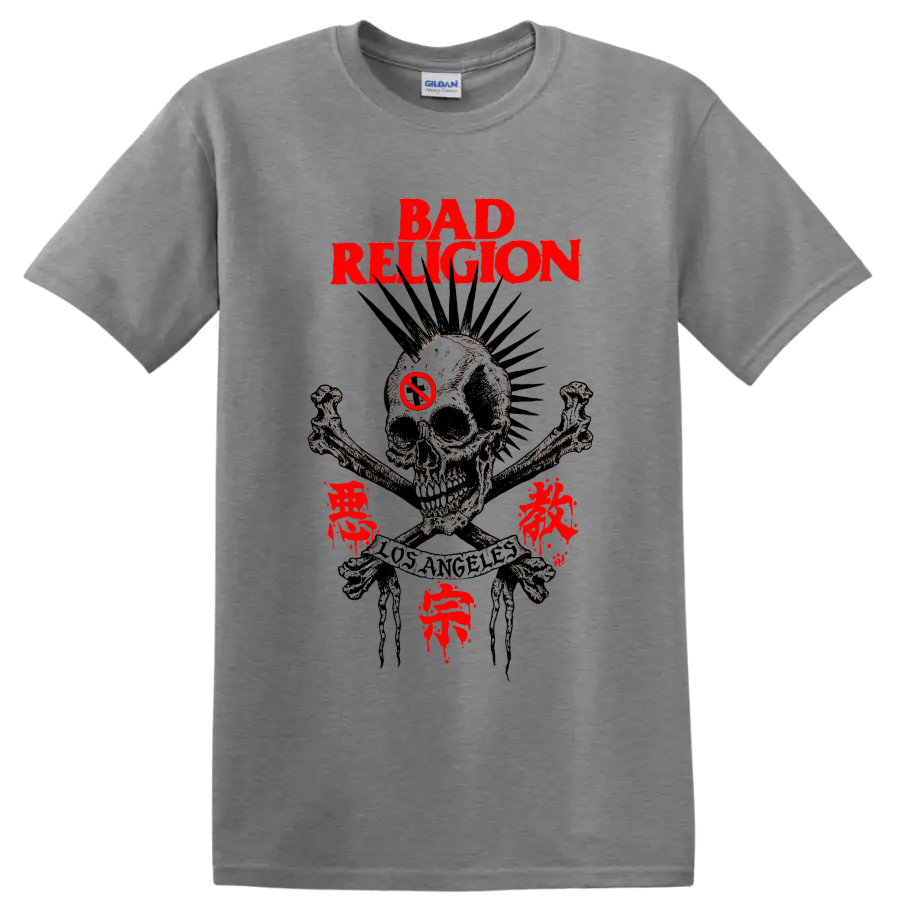 Bad Religion distressed punk rock skull graphic with red lettering on a Sport Grey T Shirt