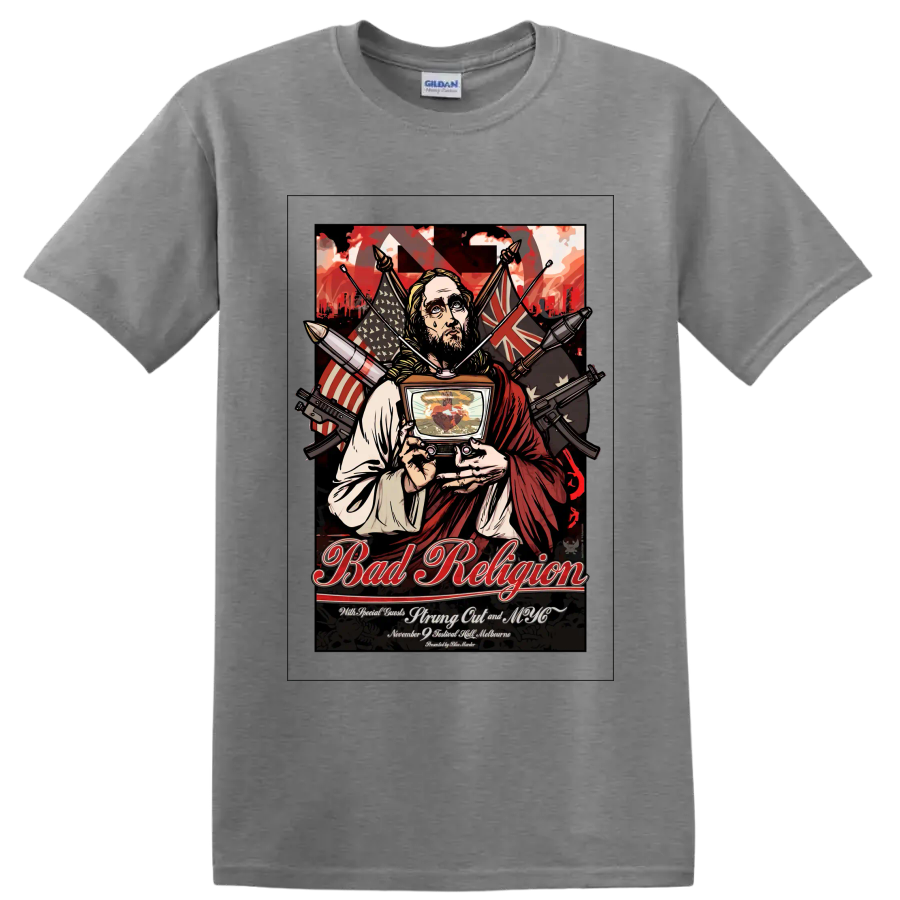 Bad Religion punk rock concert poster graphic with robed figure and television on a Sport Grey T Shirt