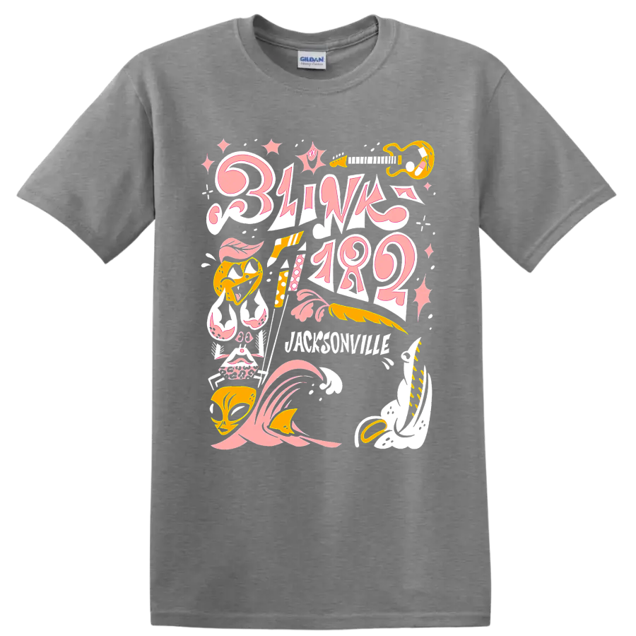Blink-182 punk rock graphic print with pink lettering and yellow music accents on a Sport Grey T Shirt