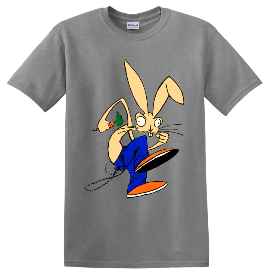 Blink-182 punk rock bunny riding a skateboard cartoon graphic on a Sport Grey T Shirt