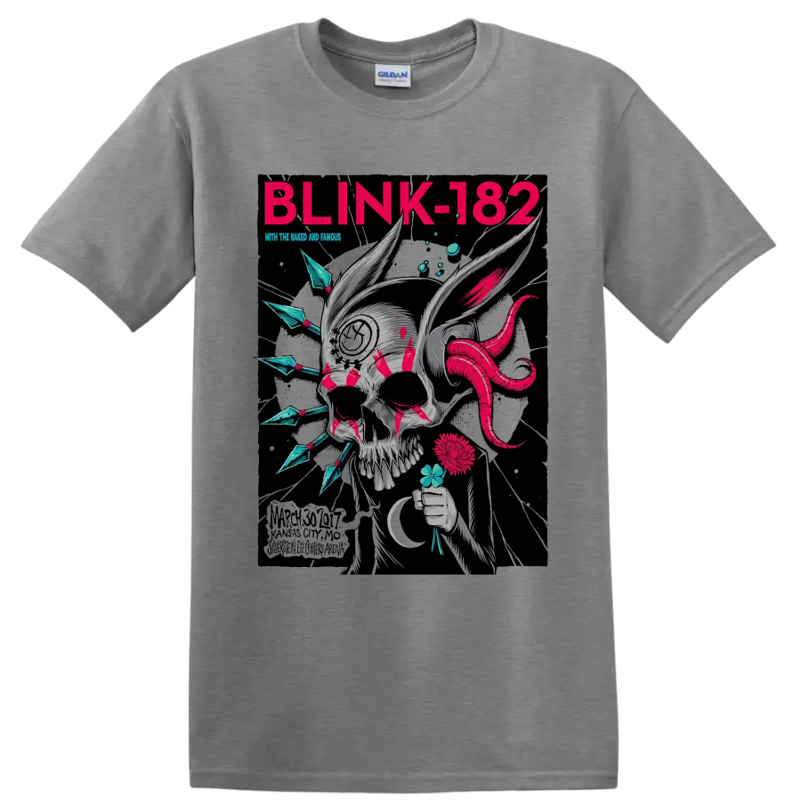Blink-182 punk rock skull graphic with magenta tentacles and flowers on a Sport Grey T Shirt