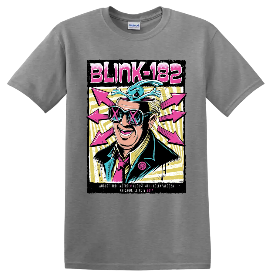 Blink-182 punk rock festival graphic with sunglasses, blue creature, and pink arrows on a Sport Grey T Shirt