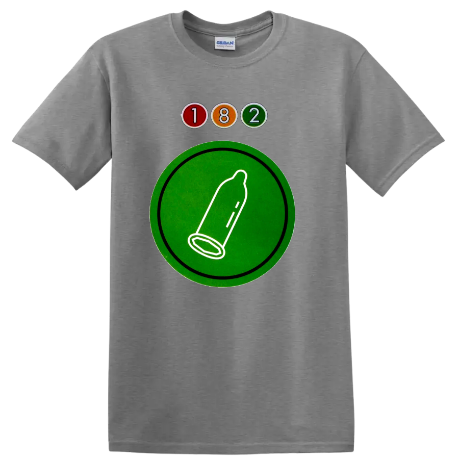 Blink-182 182 logo with colorful circles and green graphic emblem on a Sport Grey T Shirt