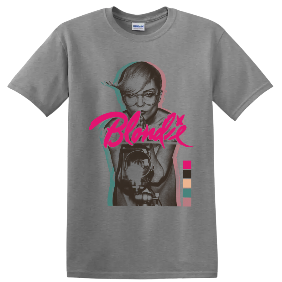 Blondie punk rock band portrait with bold pink script and colorful accents on a Sport Grey T Shirt