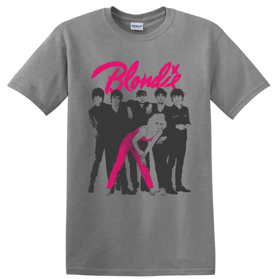 Blondie Debbie Harry punk rock graphic with hot pink script on a Sport Grey T Shirt