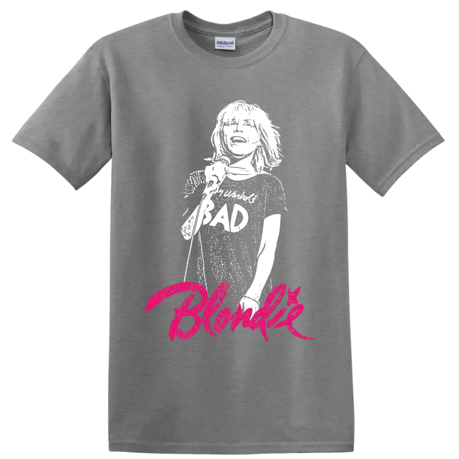 Debbie Harry portrait with hot pink Blondie punk rock lettering on a Sport Grey T Shirt