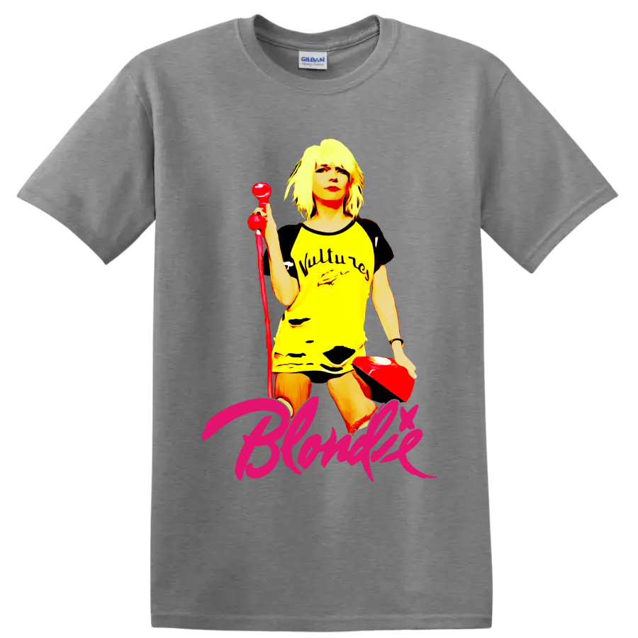 Blondie punk rock vocalist graphic with red microphone and pink script lettering on a Sport Grey T Shirt