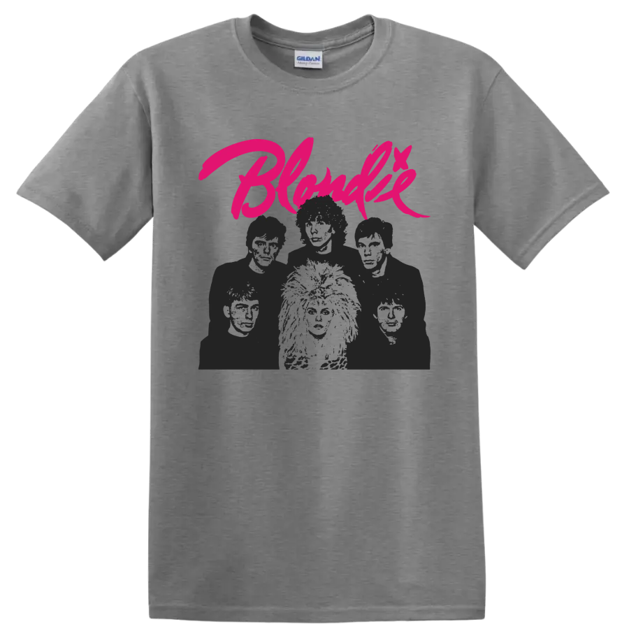 Blondie punk rock graphic with hot pink script and monochrome band portrait on a Sport Grey T Shirt