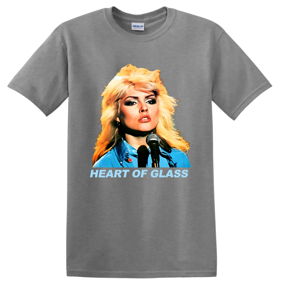 Blondie singer portrait with Heart of Glass text, retro punk rock graphic on a Sport Grey T Shirt