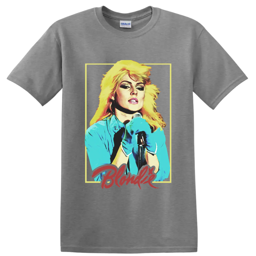 Debbie Harry of Blondie punk rock singer portrait with microphone on a Sport Grey T Shirt