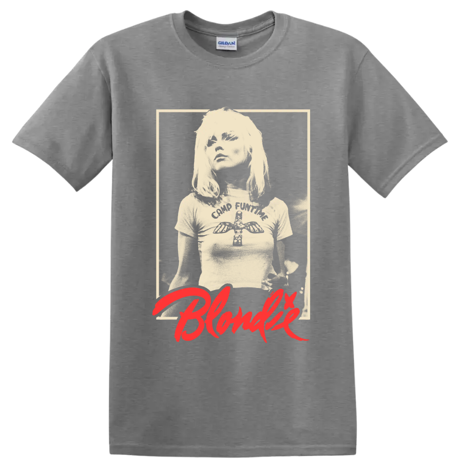 Blondie vintage punk rock portrait with red script graphic print on a Sport Grey T Shirt