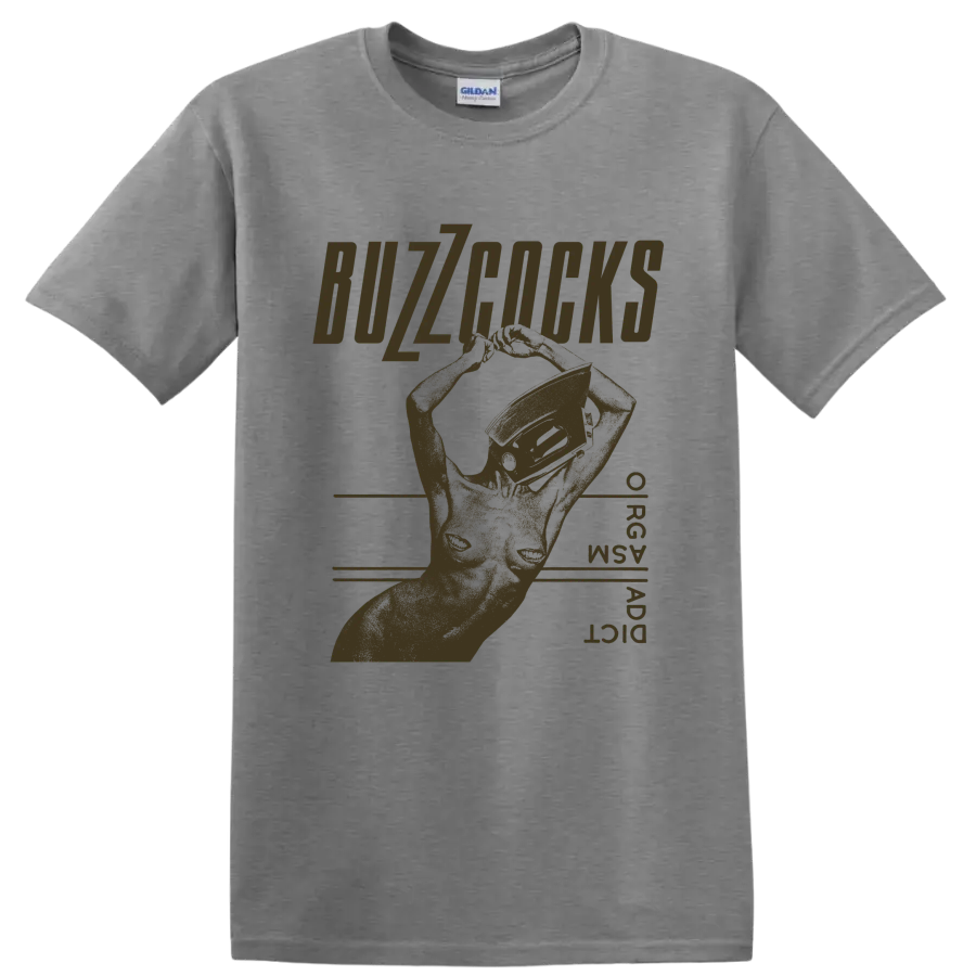 Buzzcocks distressed punk graphic with bold lettering and angular hand artwork on a Sport Grey T Shirt