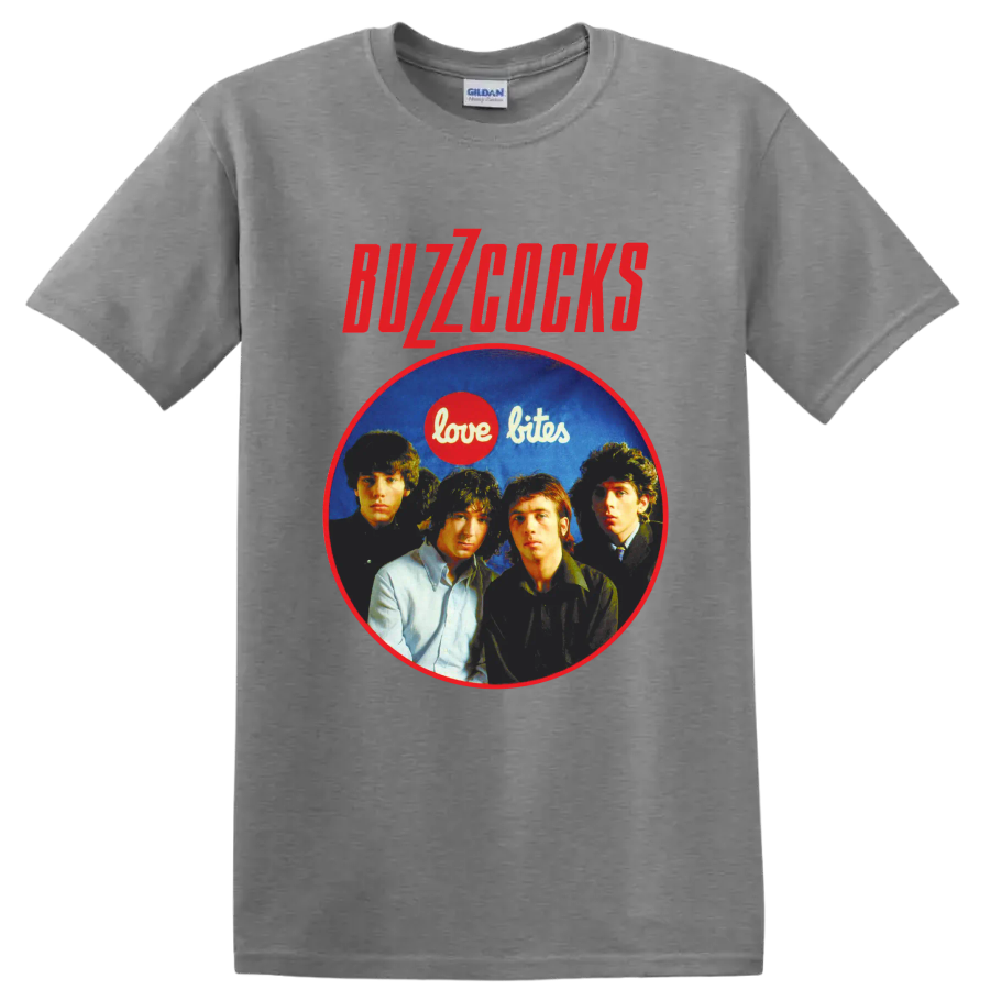 Buzzcocks punk rock band portrait with Love Bites graphic on a Sport Grey T Shirt