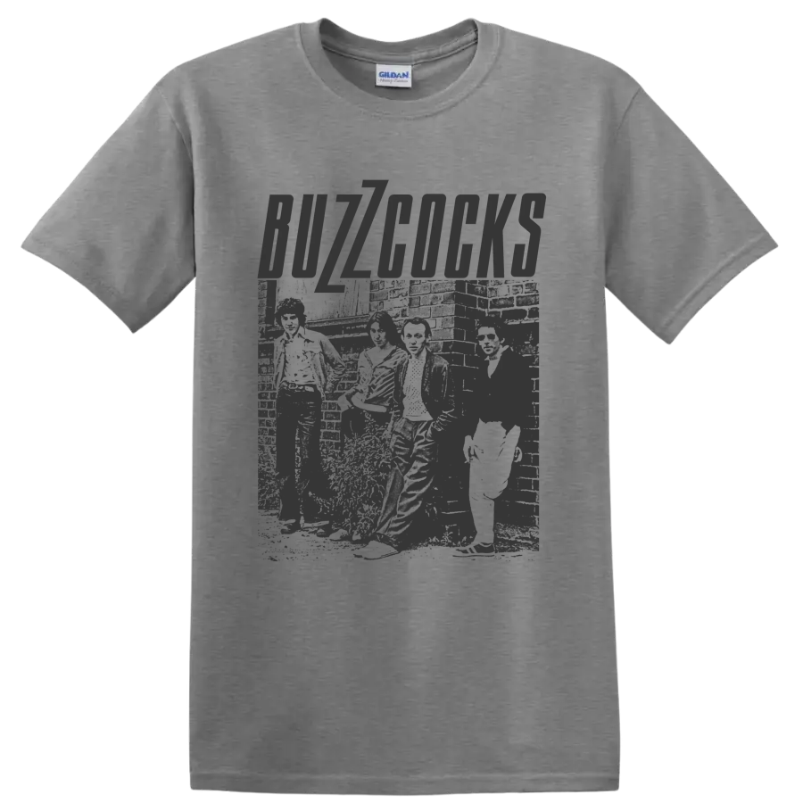 Buzzcocks distressed punk rock lettering with gritty monochrome artwork on a Sport Grey T Shirt