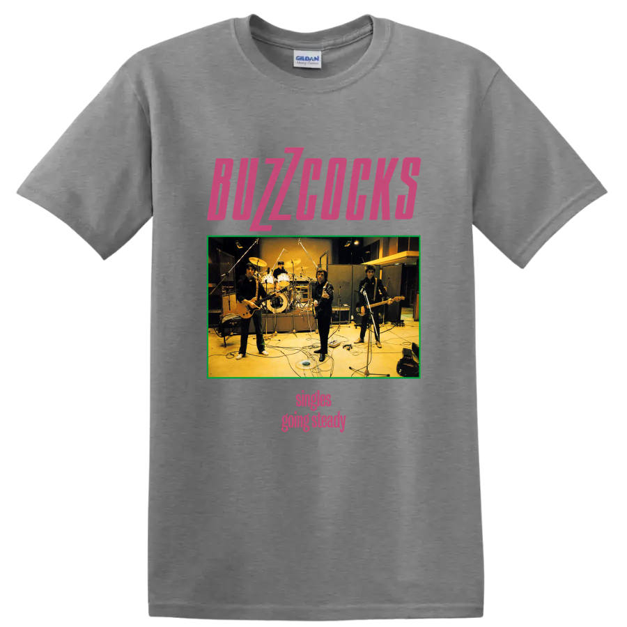 Buzzcocks punk rock band studio photo graphic with pink lettering on a Sport Grey T Shirt