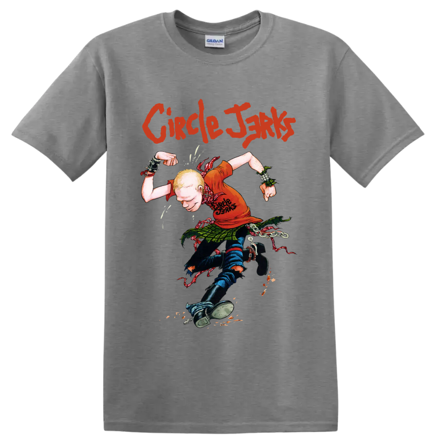 Circle Jerks punk rock graphic with illustrated figure and distressed lettering on a Sport Grey T Shirt