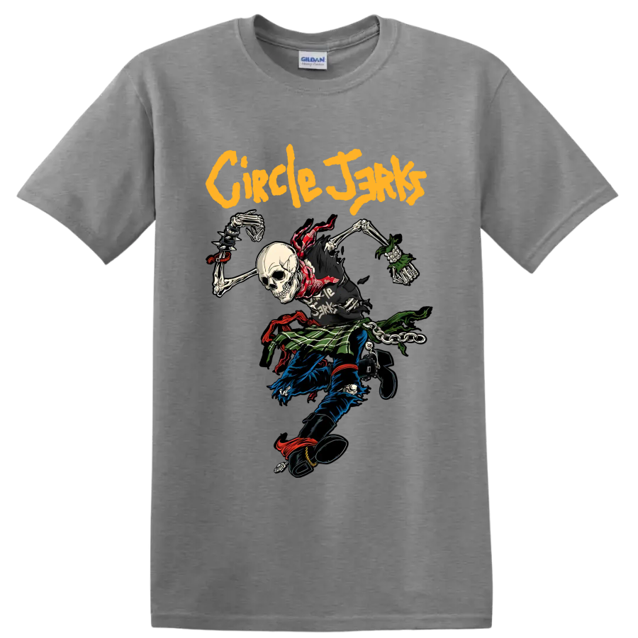 Circle Jerks punk rock skeleton graphic with bold yellow lettering on a Sport Grey T Shirt