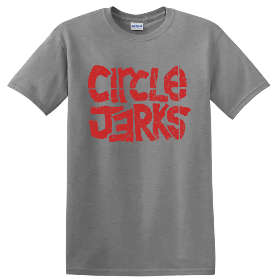 Distressed red Circle Jerks punk rock band lettering graphic on a Sport Grey T Shirt