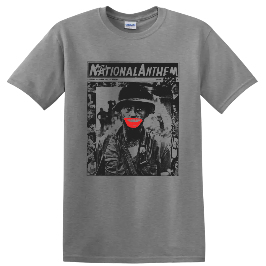 Crass punk rock distressed poster graphic with vivid red accent on a Sport Grey T Shirt
