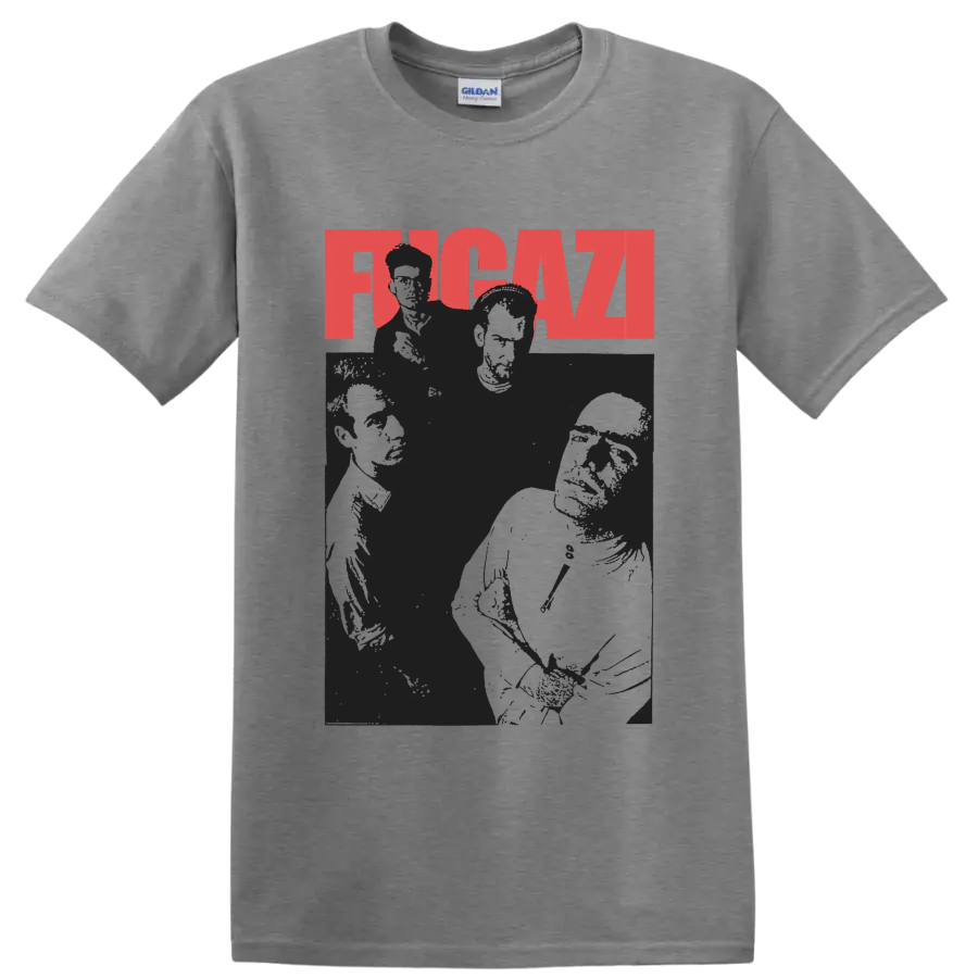 Fugazi punk rock graphic with red FUGAZI lettering and dark band portraits on a Sport Grey T Shirt