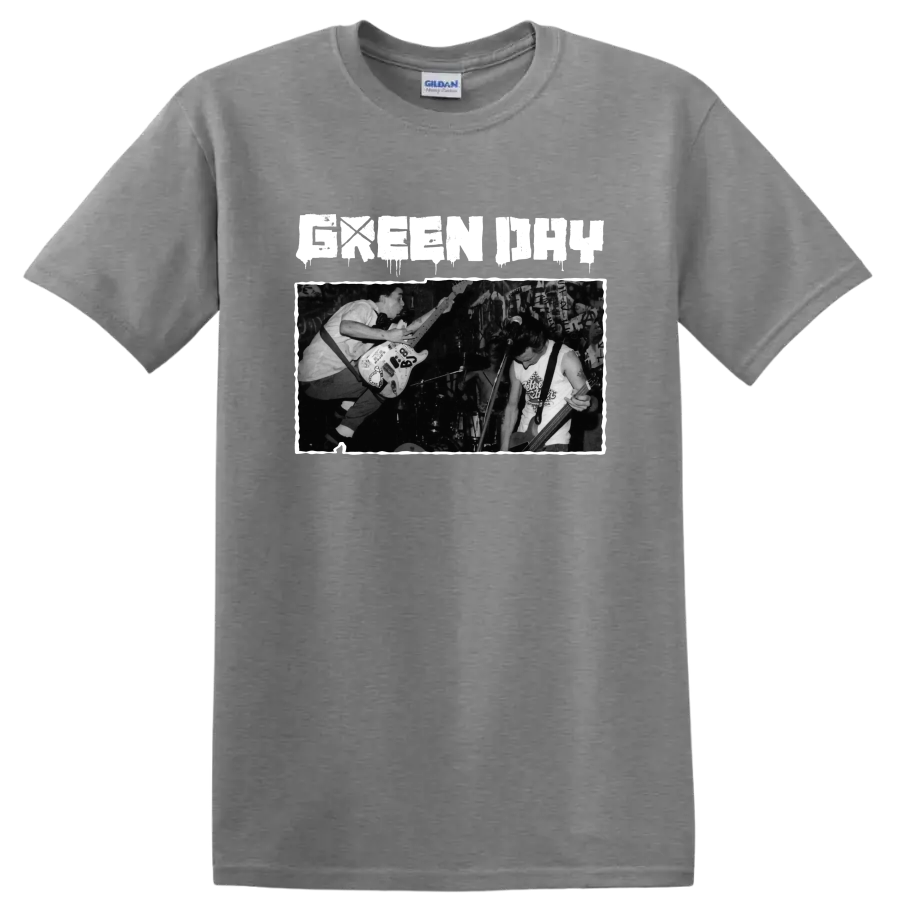 Green Day punk rock live performance graphic with guitarists on stage on a Sport Grey T Shirt