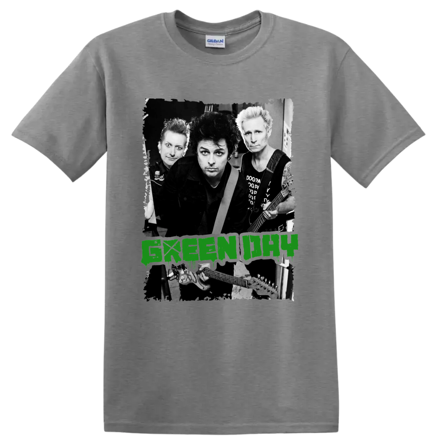 Green Day punk rock band portrait with guitars and distressed green lettering on a Sport Grey T Shirt
