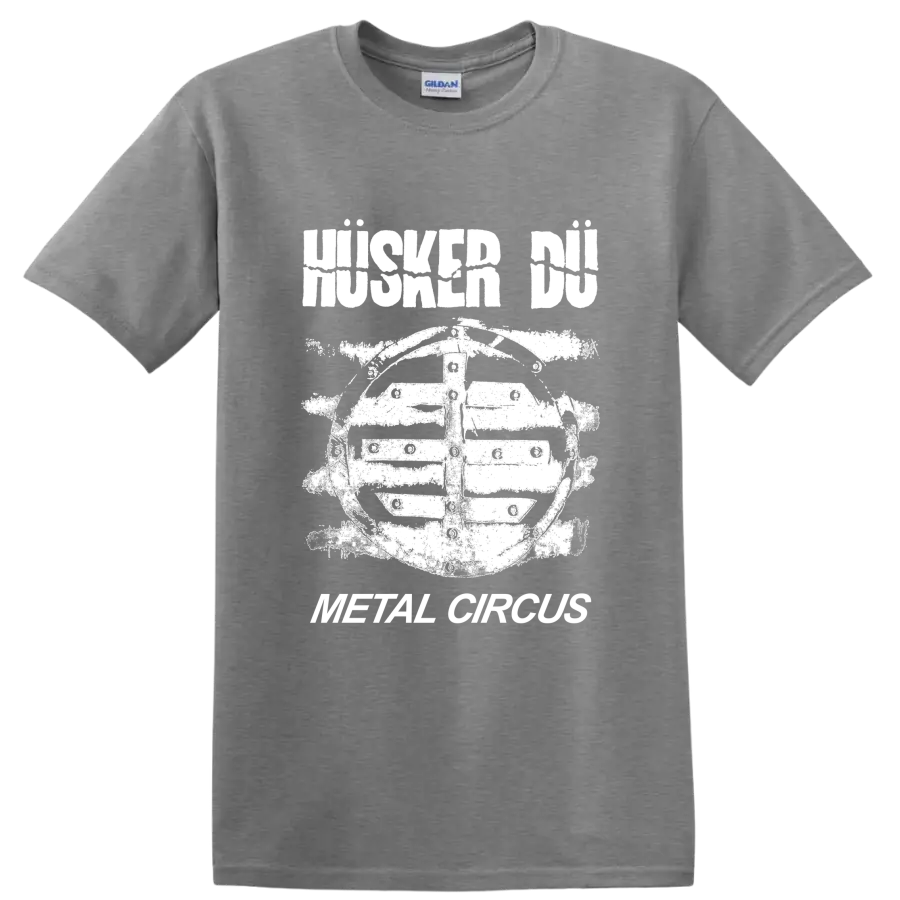 Husker Du punk rock graphic with bold band lettering and illustrated figure on a Sport Grey T Shirt