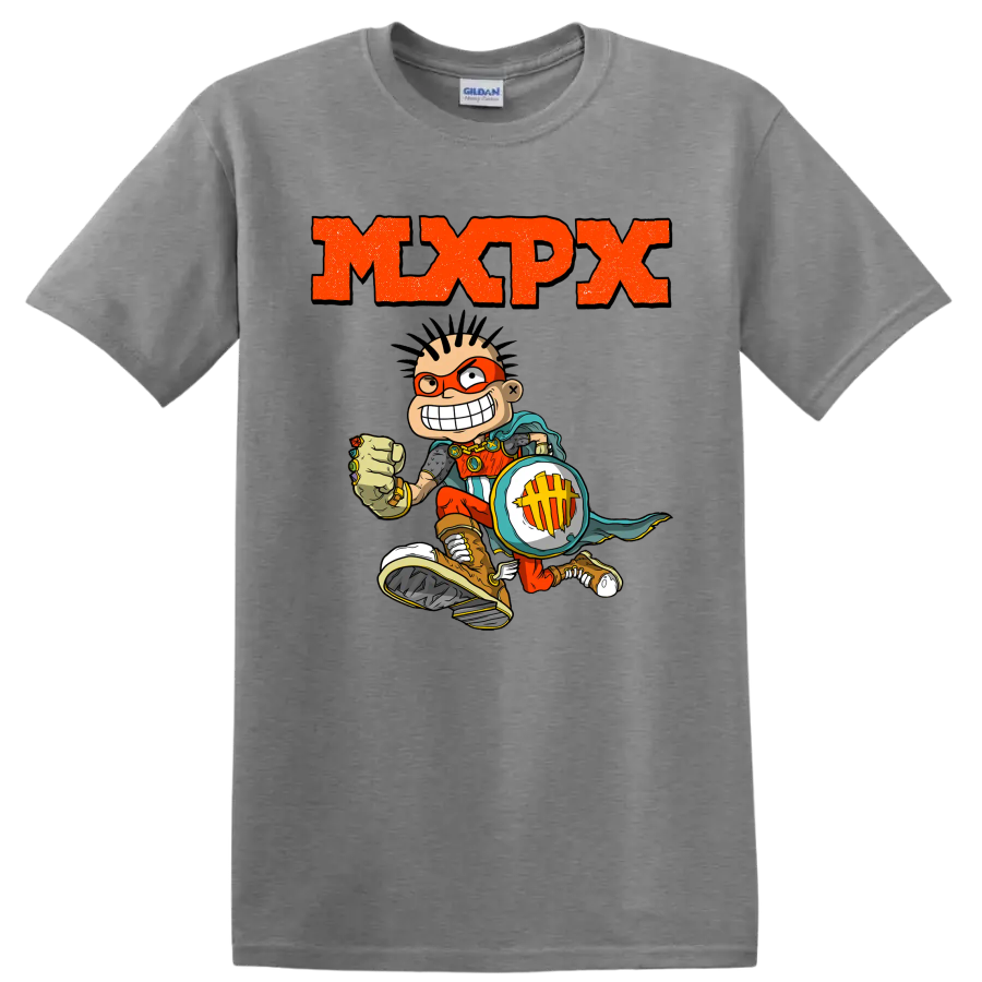 MxPx punk rock graphic with comic skateboarder and distressed orange lettering on a Sport Grey T Shirt