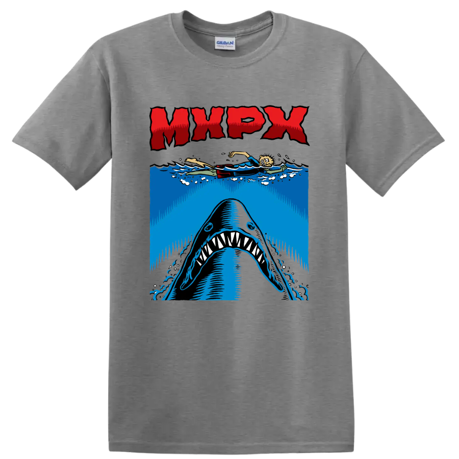 MxPx punk rock shark graphic with swimmer and ocean waves on a Sport Grey T Shirt