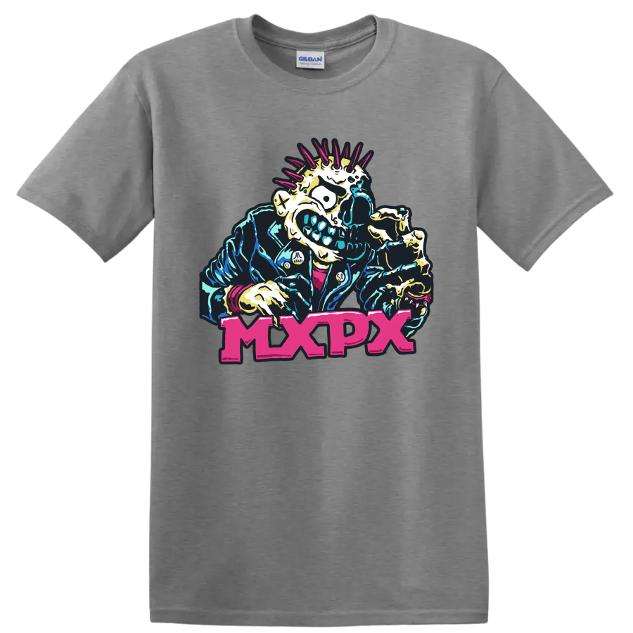 MxPx punk rock mohawked skeleton graphic with bold pink lettering on a Sport Grey T Shirt