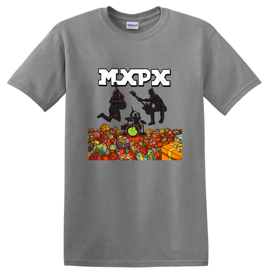 MxPx punk rock graphic with musicians, apples, and wrapped gifts on a Sport Grey T Shirt