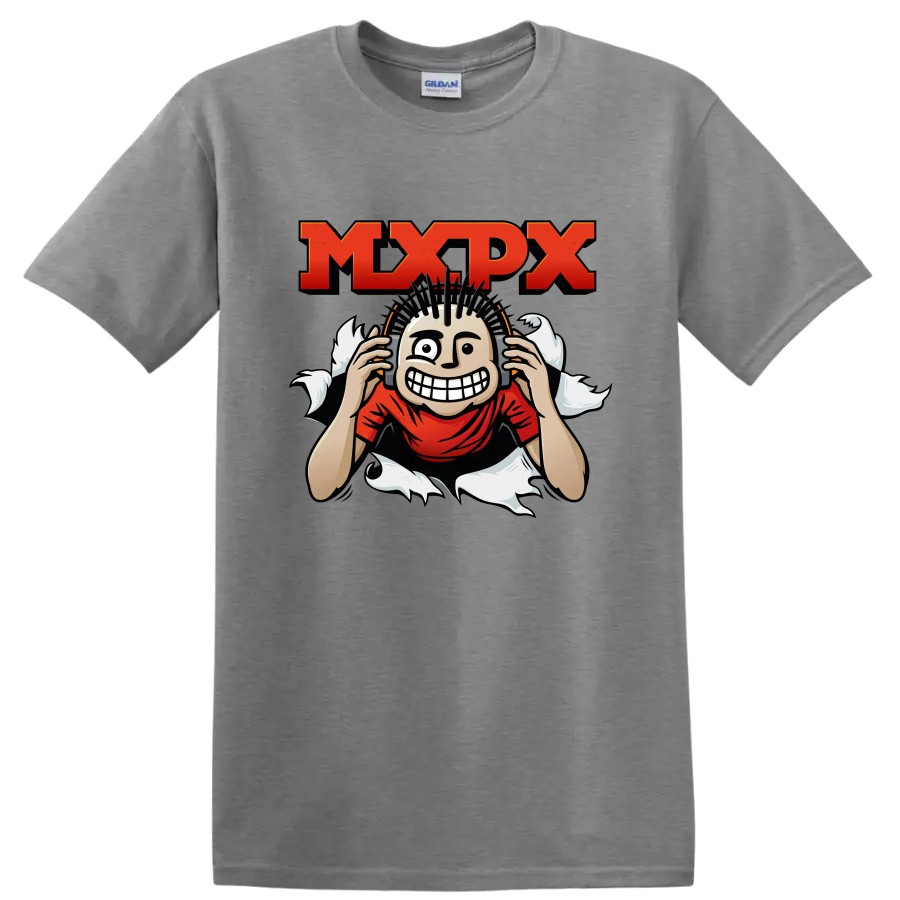 MxPx punk rock graphic with distressed lettering and grinning mohawk character on a Sport Grey T Shirt