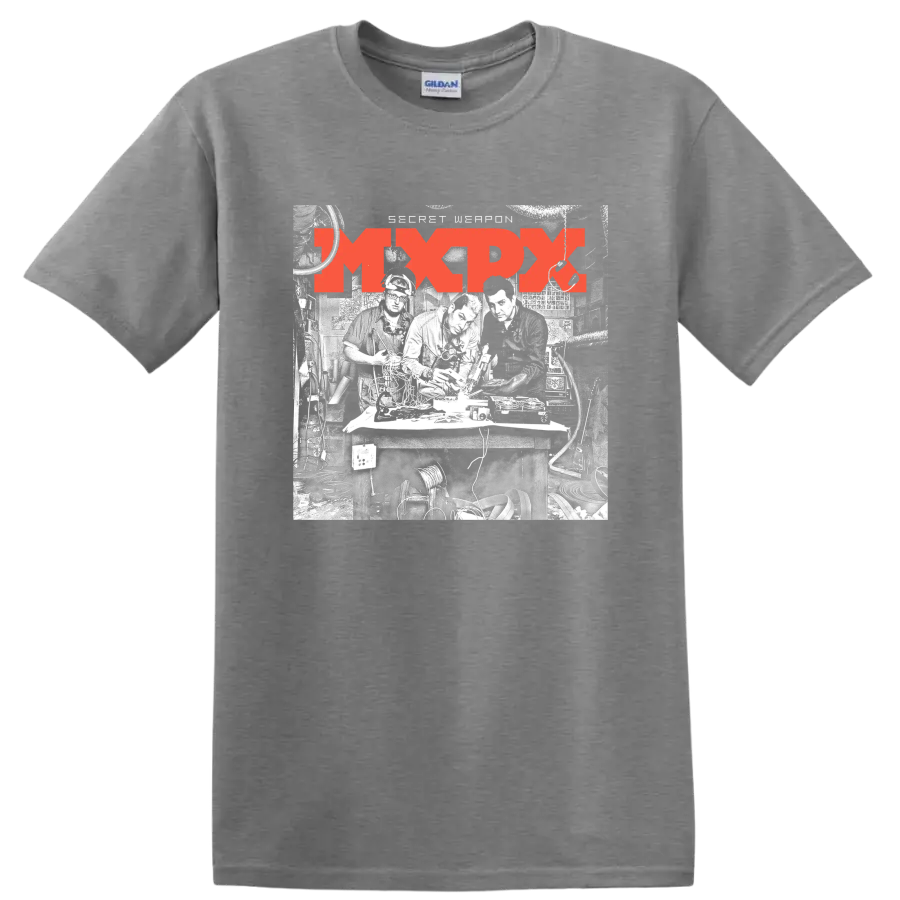 Distressed red MxPx punk rock band logo graphic on a Sport Grey T Shirt