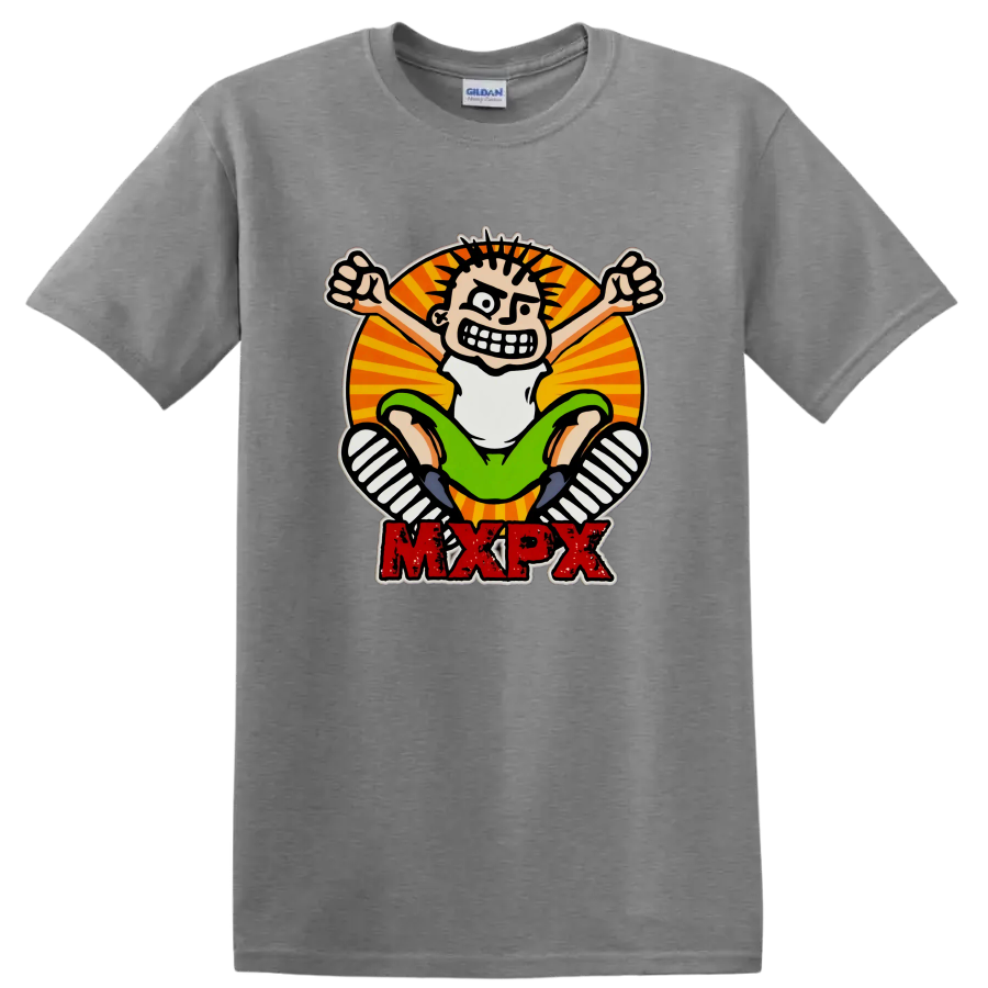MxPx punk rock cartoon skateboard graphic with distressed red lettering on a Sport Grey T Shirt