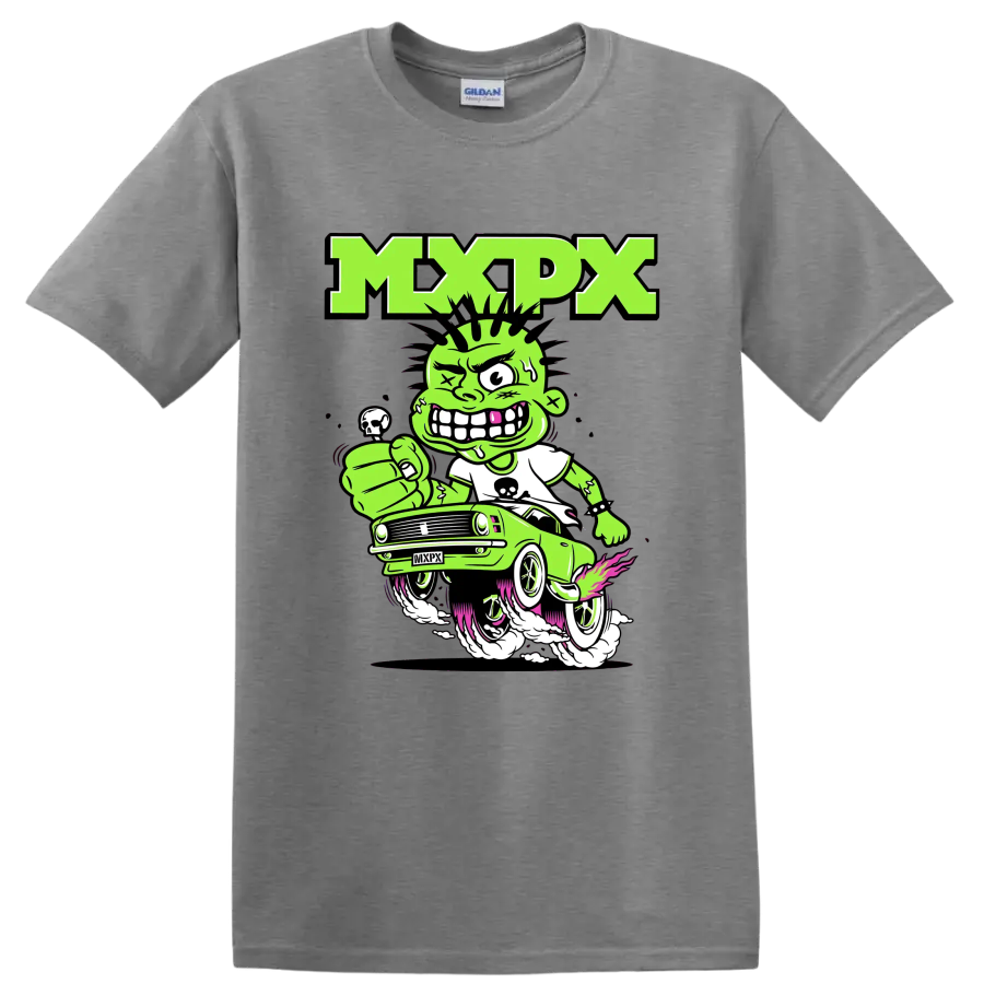 MxPx punk rock cartoon car graphic with green character on a Sport Grey T Shirt