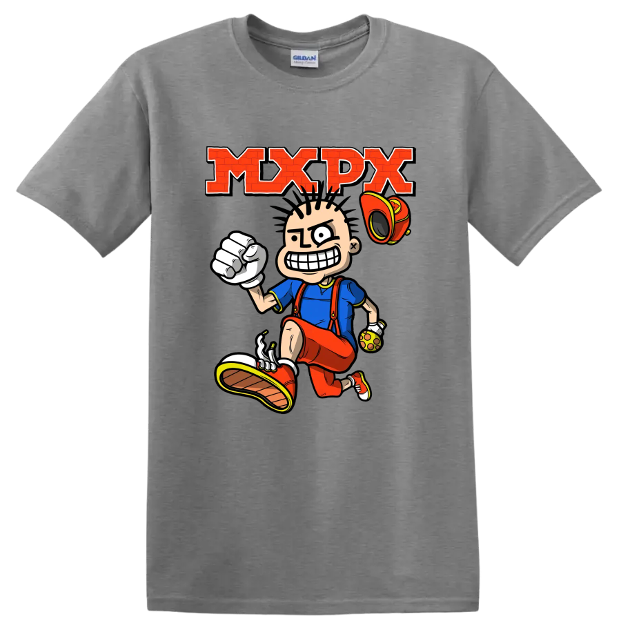 MxPx punk rock cartoon skateboarder graphic with bold red lettering on a Sport Grey T Shirt