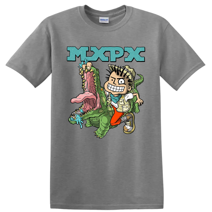MxPx cartoon punk rock design with character riding a green crocodile on a Sport Grey T Shirt