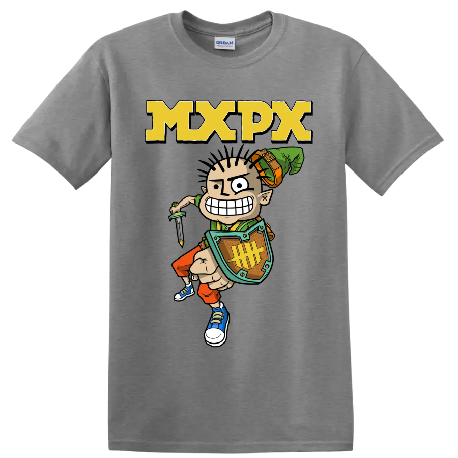 MxPx cartoon warrior punk rock graphic with bold MXPX lettering on a Sport Grey T Shirt