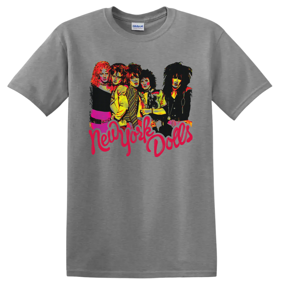 New York Dolls punk rock band graphic with bold red script lettering on a Sport Grey T Shirt