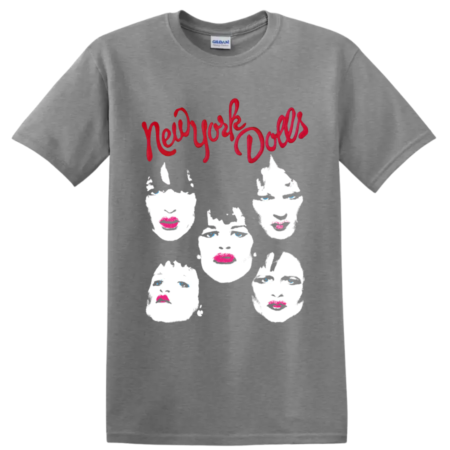 New York Dolls punk rock graphic with red script and five stylized faces on a Sport Grey T Shirt
